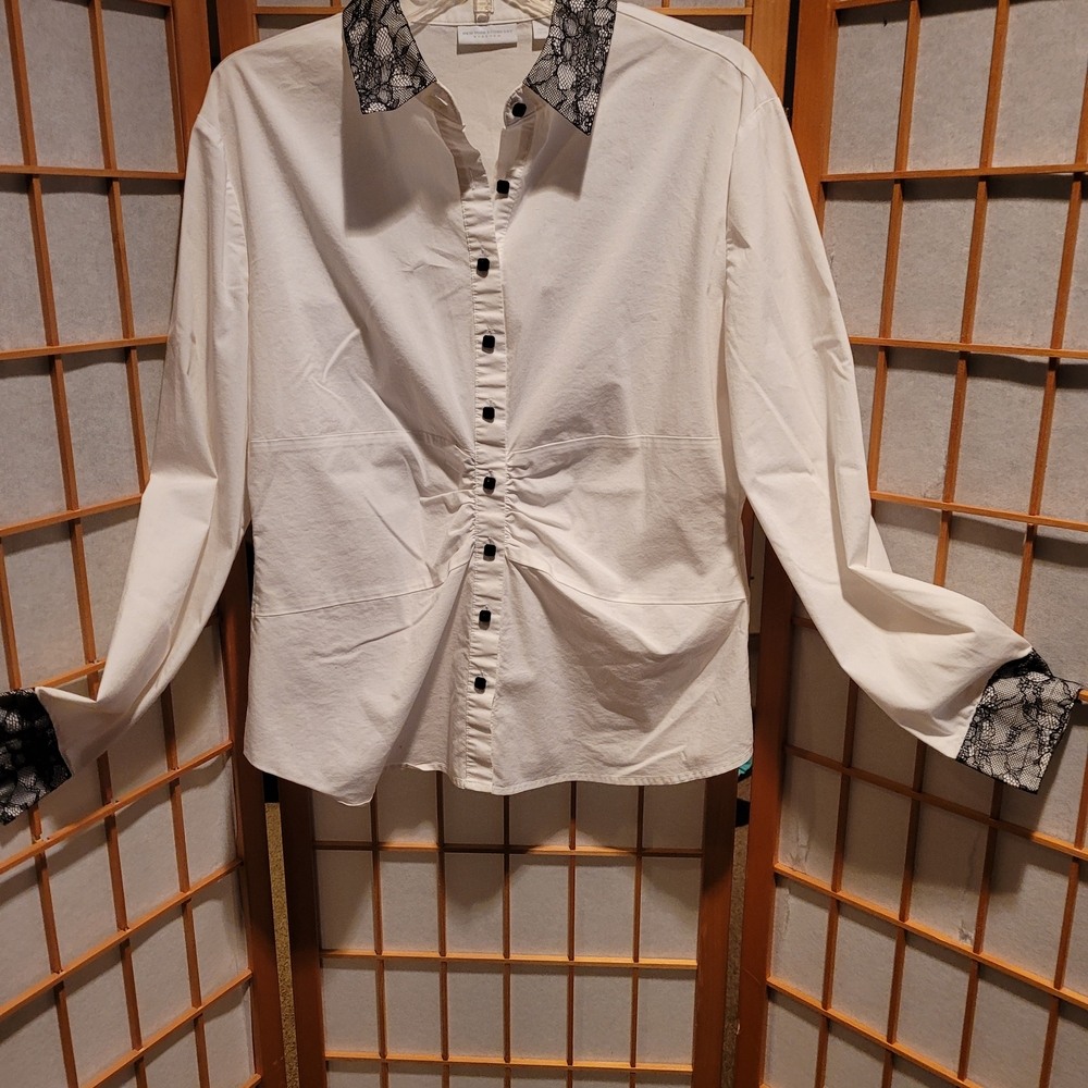 New York & Company White Button Down Shirt with Black Lace Accents